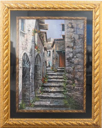 Paesaggio con scorcio di case 70x50 Con cornice cm 98x77. Firma in basso a...