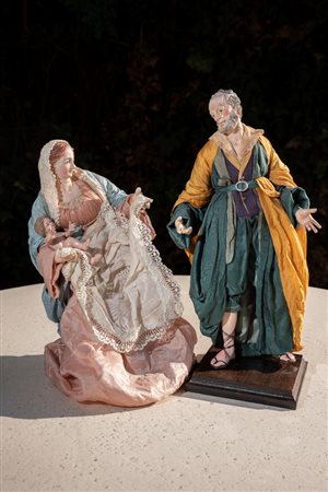 Natività napoletana, XX secolo Ceramica e vestiti San Giuseppe 35 cm. Madonna...