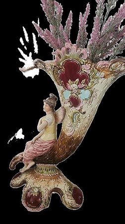 Vaso in ceramica a forma di cornucopia con figura femminile, Eichwald, Fine...