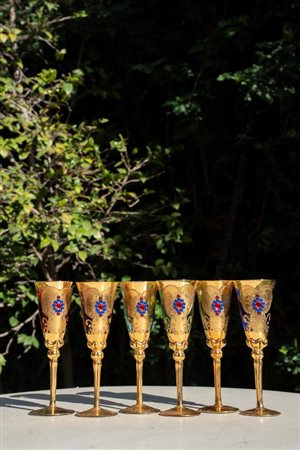 N. 6 bicchieri da champagne in vetro di Murano in smalto e foglia oro 24kt,...