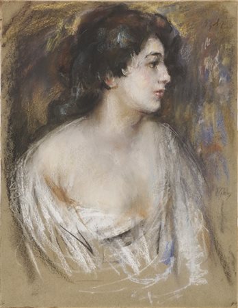 Emilio Gola "Profilo femminile" 
pastelli colorati su cartoncino applicato a com