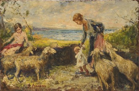 Leonardo Bazzaro "Incontro" 
olio su compensato (cm 40x60)
firmato in basso a si