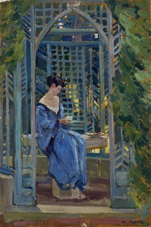 Ulisse Caputo "In veranda" 
olio su tavola (cm 41x27)
firmato in basso a destra