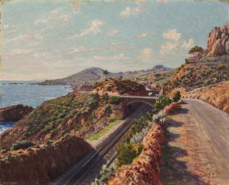 Piero Focardi "La corniche d'or entre Trayas et Antheor" 1937
olio su cartone te