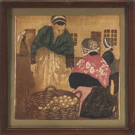 Carl Moser "Donne bretoni con cesti" 1924
xilografia a colori (cm 36x37)
firmata