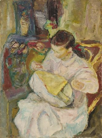 Mario Vellani Marchi "Merlettaia con giubotto rosa" Burano, 1950
olio su cartone