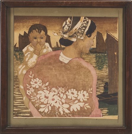 Carl Moser "Donna bretone con bambino" 1924
xilografia a colori (cm 36x37)
firma