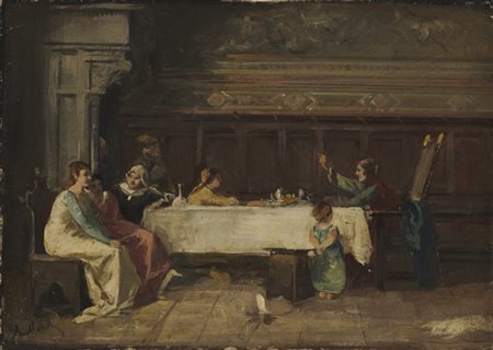 Amos Cassioli "Boccaccio che racconta le sue novelle" 
olio su cartone pressato