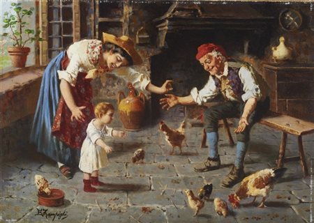 Eugenio Zampighi "I primi passi" 
olio su tela applicata a tela (cm 25x35,5)
fir