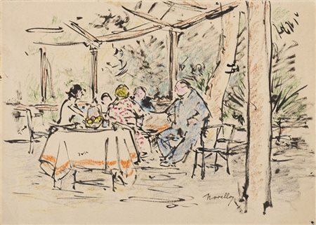 Giuseppe Novello "Domenica in cascina" 
tecnica mista su carta (cm 24x34)
firmat