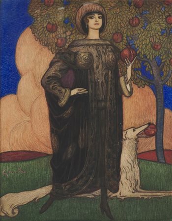 Giovanni Grande "Figura femminile con cane e melograno" 
tecnica mista su carta