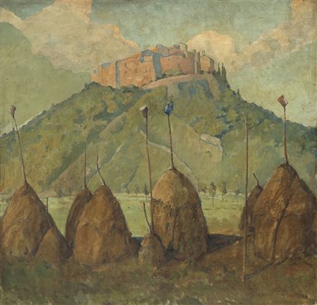 Luigi Zago "La rocca sul colle" 
olio su compensato (cm 95x90)
firmato in basso