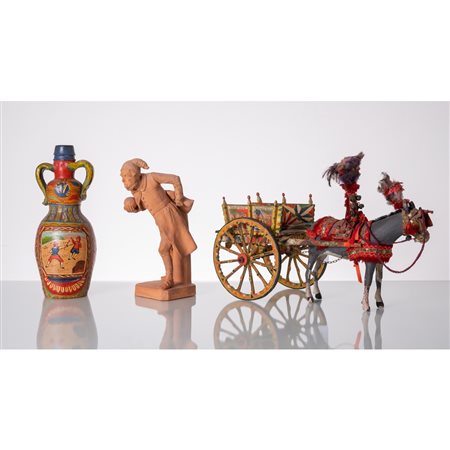 CARRETTINO, SCULTURA E BOTTIGLIA