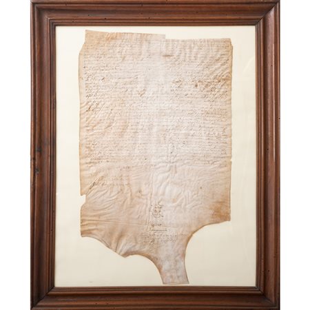 MANOSCRITTO PERGAMENACEO DEL XVII SECOLO IN CORNICE ....