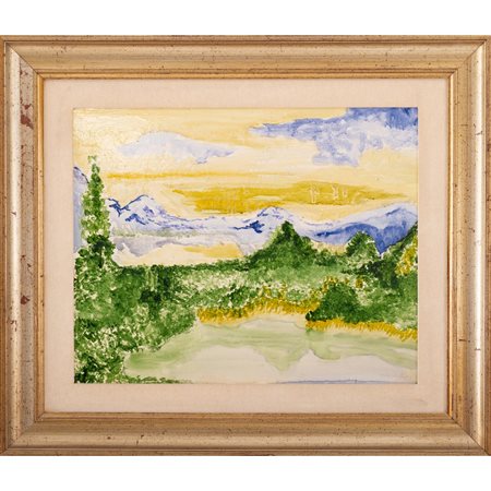 ROBERTO SAPIO, Paesaggio lacustre, Olio su cartoncino