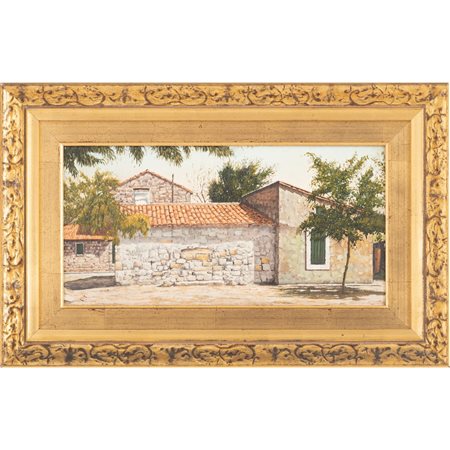 PITTORE DEL XX SECOLO, Scorcio di paese, Olio su tavoletta