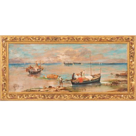 FIDIA GUARNERI, Marina con pescatori, Olio su tavoletta