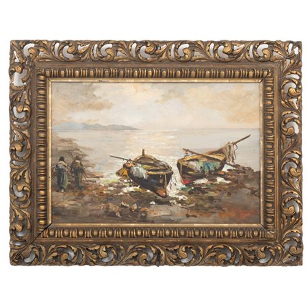 PITTORE DEL XX SECOLO, Marina con barche, Olio su tavola