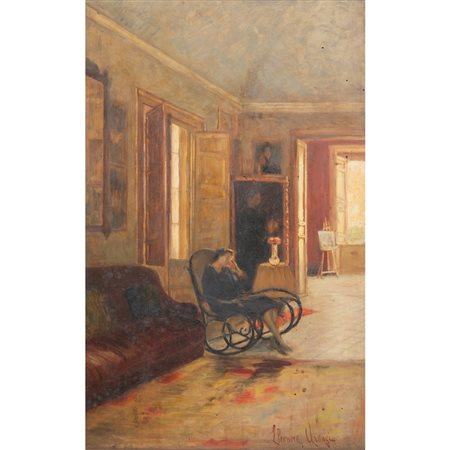 PITTORE DEI PRIMI DEL '900, Interno con figura, Olio su tavoletta