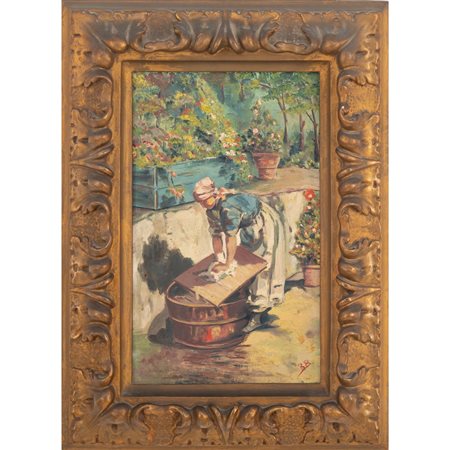 PITTORE DEL XX SECOLO, Lavandaia, Olio su tavoletta