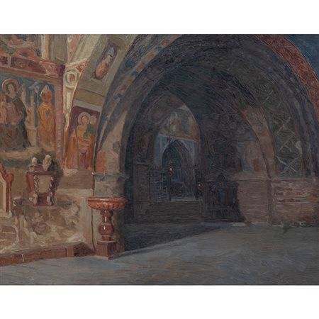 LAURENZIO LAURENZI, Interno di chiesa, Olio su tavola