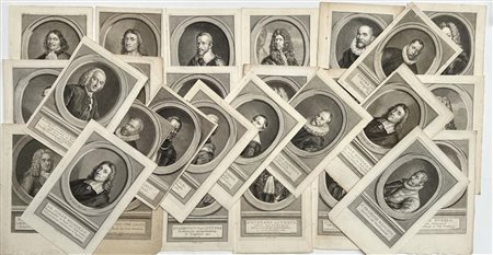A collection of prints with portraits of various 17th century figures. Some...