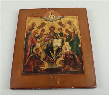 A Russian icon depicting a Deësis. Circa 1800.31 x 27 cm.