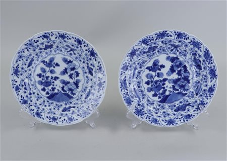 Two porcelain plates contoured plates with ktab and perch decoration, marked...