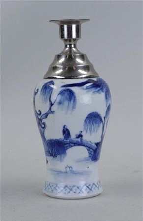 A porcelain vase with landscape decoration, converted into a candlestick,...