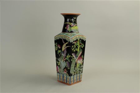 A square Chinese Famile Noir vase with a depiction of golden pheasants on a...