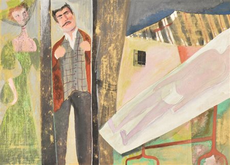 Roberto Chiattone TRE SCENETTE tecnica mista su tela, cm 16,5x22,5 sul retro:...