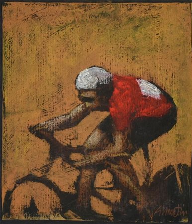 Ignoto CICLISTA tecnica mista su carta, cm 30x25 firma
