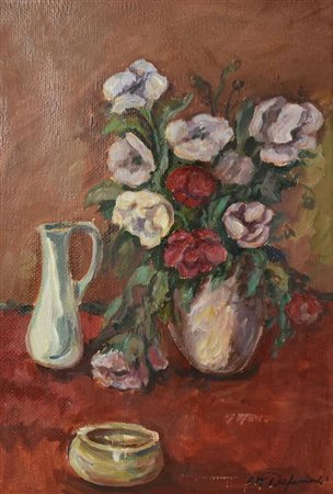 A.M. Defendi VASO DI FIORI olio su tela di juta, cm 58x37 firma