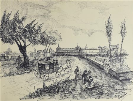 Ignoto VEDUTA MILANESE pennarello su carta, cm 48x63 firma