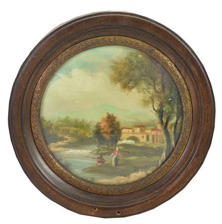 Ignoto PAESAGGIO olio su rame, diam cm 9 firma