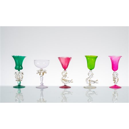 MAESTRI MURANESI, Collezione di cinque bicchieri in vetro