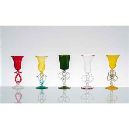 MAESTRI MURANESI, Collezione di cinque bicchieri in vetro
