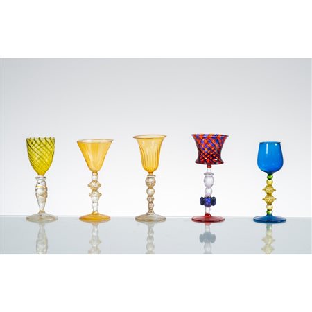 MAESTRI MURANESI, Collezione di cinque bicchieri in vetro