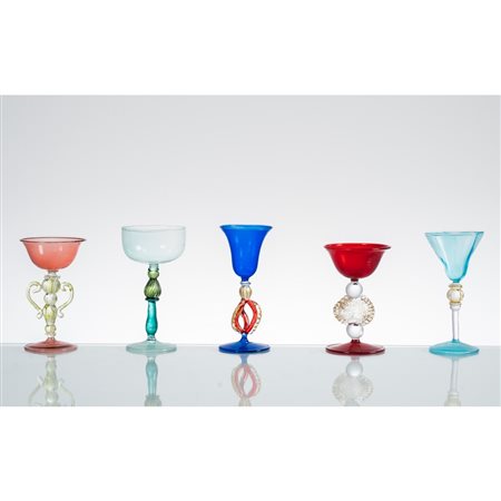 MAESTRI MURANESI, Collezione di cinque bicchieri in vetro