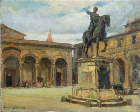Umberto Bonfiglioli (Bologna 1892 - 1974), “Piazza con statua”, 1927.