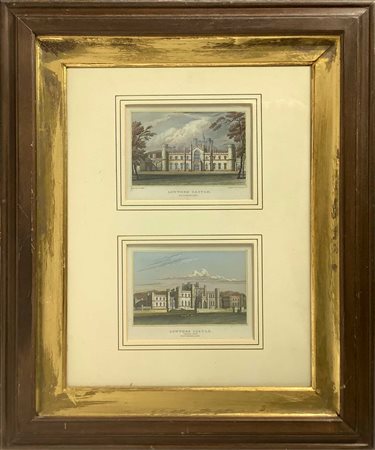 Coppia di incisioni acquarellate raffiguranti Lowther Castle