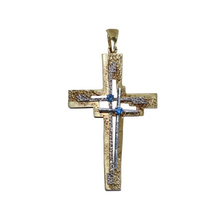 Pendentif croce in oro giallo e oro bianco con zaffiri