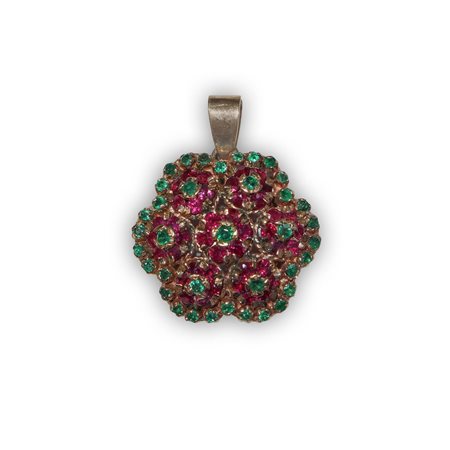 Ciondolo in oro giallo a forma di fiore con smeraldi e rubini