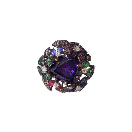 Anello in argento 925 con pietre multicolor e pietra viola centrale