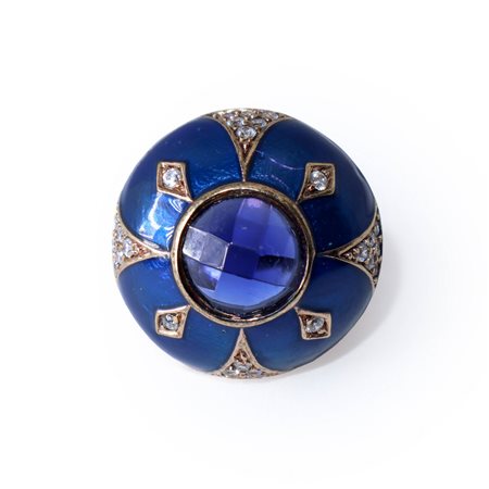 Anello rotondo in argento 925 con pietra blu centrale e smalti blu