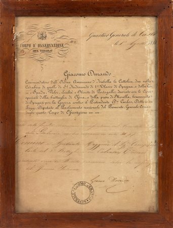  
Diploma del corpo di osservazione del Tirolo 1848
 27x35 cm