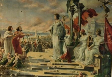  
Italia, Regno, quadro patriottico con allegoria della vittoria e della liberazione delle terre irredente prima metà XX sec.
 90x67 cm