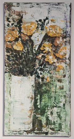 Pina Santonocito (Catania, 1961 - ) Vaso con fiori e sfondo verde Acrilico su...