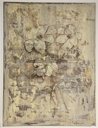 Pina Santonocito (Catania, 1961 - ) Vaso con fiori e sfondo beige Acrilico su...