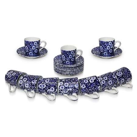 Calico Burleigh Staffordshire England - Servizio da caffe' in ceramica bianca con decori floreali blu, 20th secolo